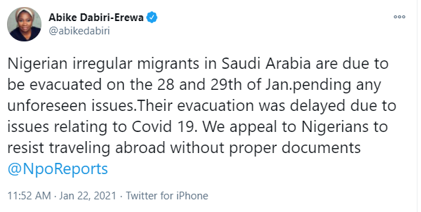 Nigerian irregular migrants in Saudi Arabia to be evacuated on January 28 and 29 - Abike Dabiri-Erewa