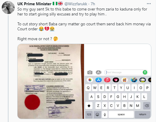 Twitter stories: Man drags lady to court to retrieve the N5k he sent to her after she failed to show up at his home in Kaduna