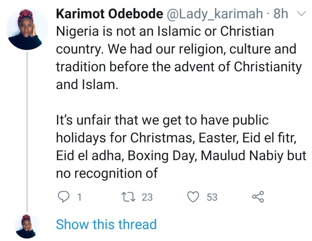 "It is unfair" Writer questions why Nigeria has Christian and Muslim holiday but none for traditional worshippers