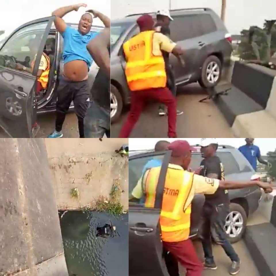 Watch the moment an erring driver trying to escape arrest from LASTMA officials hit police officer off a bridge in Lagos (video)