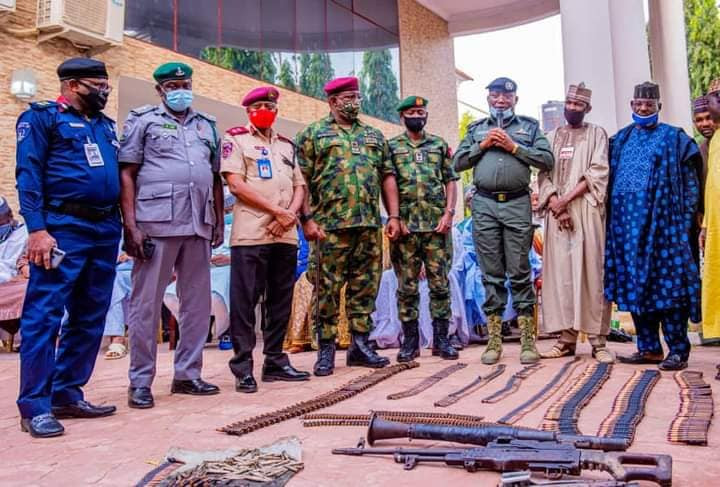 Son of notorious bandit leader, three others surrender arms, anti aircraft guns, rocket launchers, live ammunitions to Zamfara State Govt
