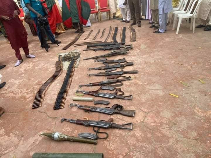 Son of notorious bandit leader, three others surrender arms, anti aircraft guns, rocket launchers, live ammunitions to Zamfara State Govt  