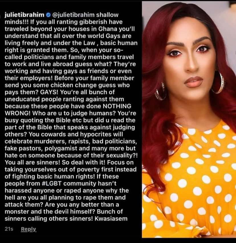 You cowards celebrate murderers, rapists, fake pastors and bad politicians but chose to hate on someone over their sexuality - Juliet Ibrahim tackles homophobes