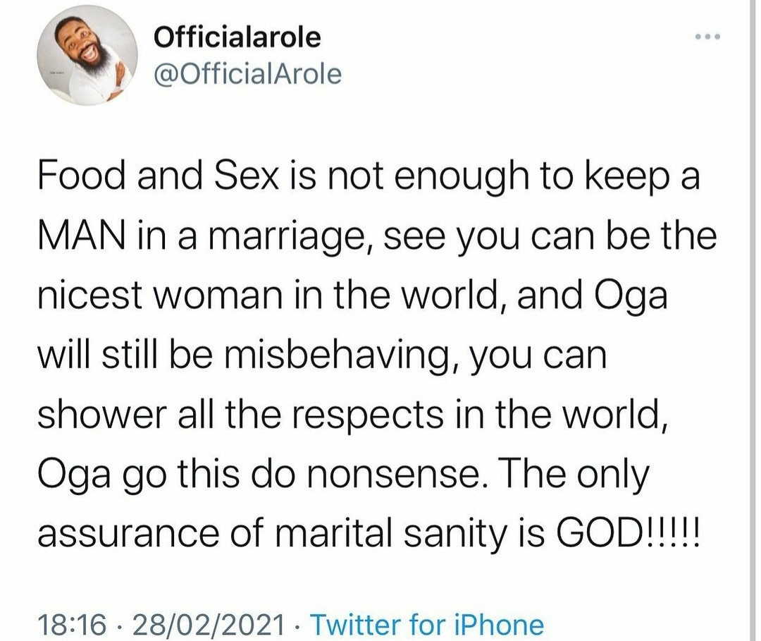 "You can be the nicest woman in the world and your man will still misbehave" Comedian Woli Arole writes as he reveals the only factor that can keep a marriage