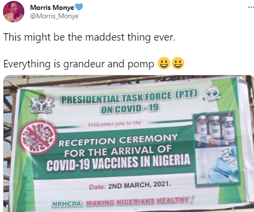 Nigerians react to trending photo of a banner erected by the PTF announcing a reception ceremony for the COVID19 vaccines