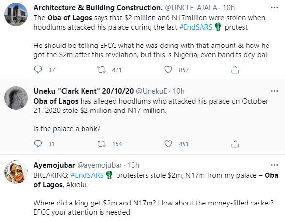 Oba of Lagos under fire for saying hoodlums stole m and N17m from his palace during the #EndSARS protest
