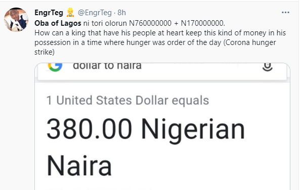 Oba of Lagos under fire for saying hoodlums stole m and N17m from his palace during the #EndSARS protest