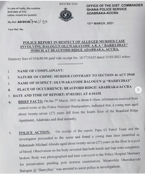 Nigerian Singer Barry Jhay cleared of killing label boss, Karshy Gordon by Ghanaian police (read police report)