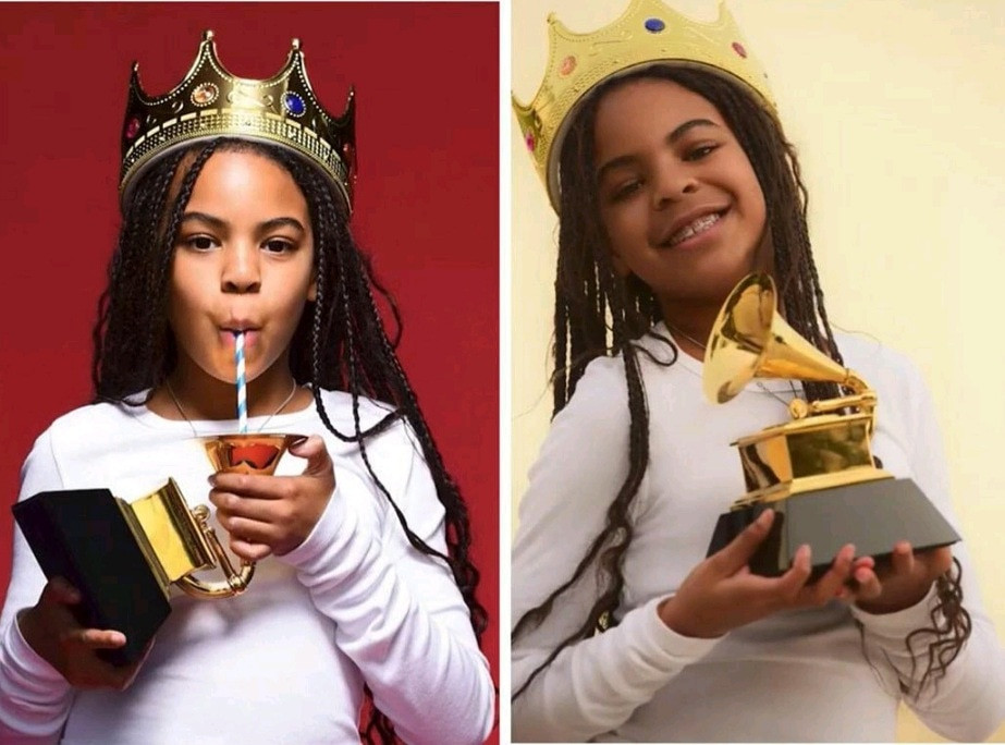 Blue Ivy pictured drinking from her Grammy Award plaque