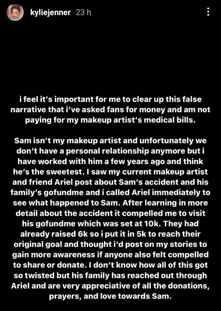 Kylie Jenner responds after she was called out for asking her fans to donate towards makeup artist, Samuel Rauda