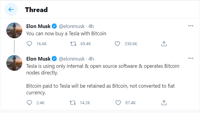 Tesla CEO, Elon Musk says people can now buy Tesla electric vehicles with bitcoin