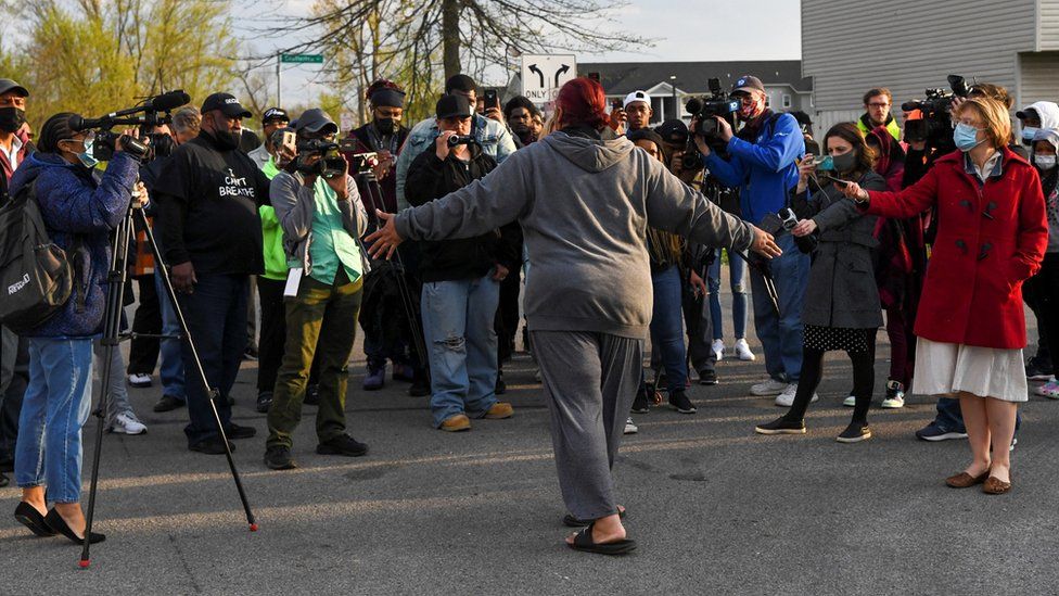 Hazel Bryant talks to the media after her niece, 16-year-old Ma'Khia Bryant, was fatally shot by a police officer in Columbus, Ohio, 20 April 2021