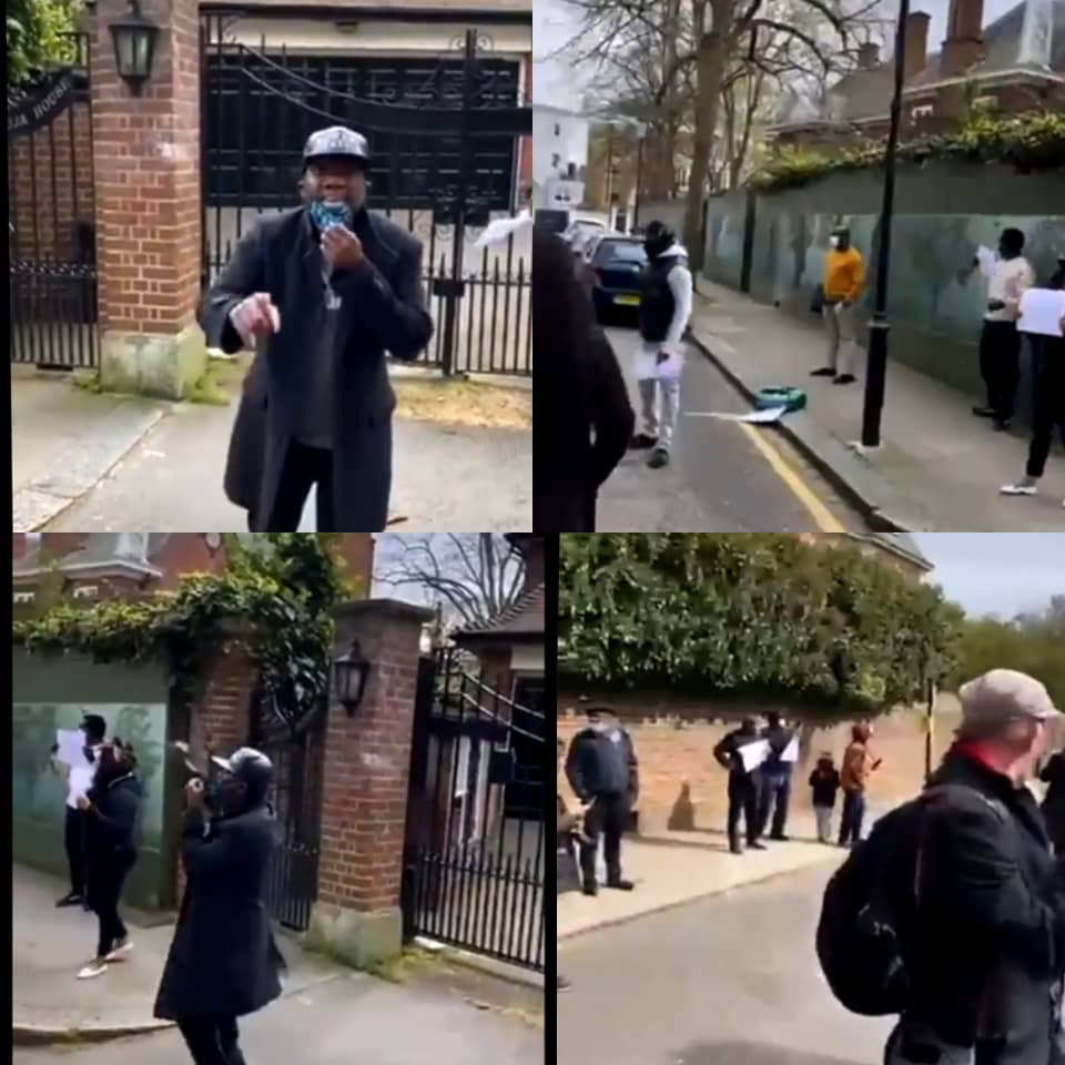 Reno Omokri and other Nigerians stage protest at Abuja house where President Buhari is lodging in the UK (video)