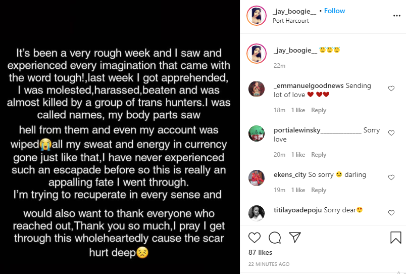 Last week I was apprehended, molested, harassed and beaten by a group of trans hunters - Cross Dresser, Jay Boogie