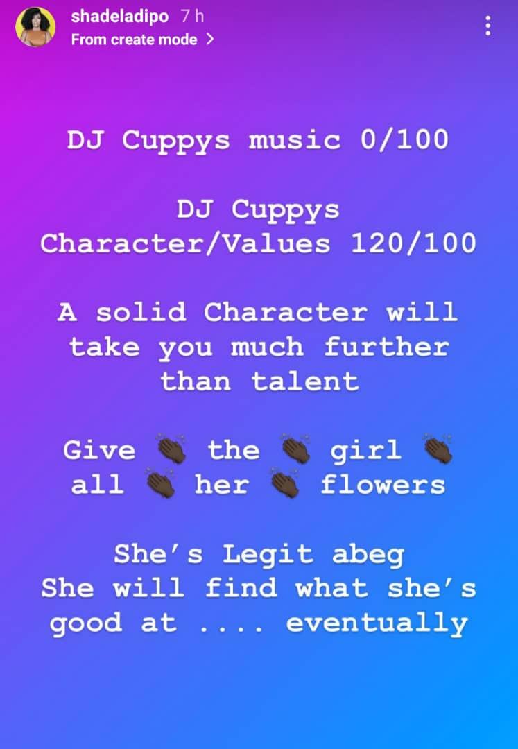 Give DJ Cuppy all her flowers - Media personality, Shade Ladipo praises the billionaire daughter for her "character/values"