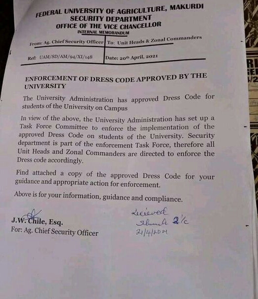 Benue varsity enforces dress code; bans leggings, shorts, spaghetti tops, heavy makeup, body hugs, coloured hair, female wears above knee