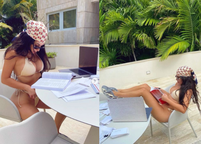 Kim Kardashian shares sexy bikini photos of herself studying in the sun