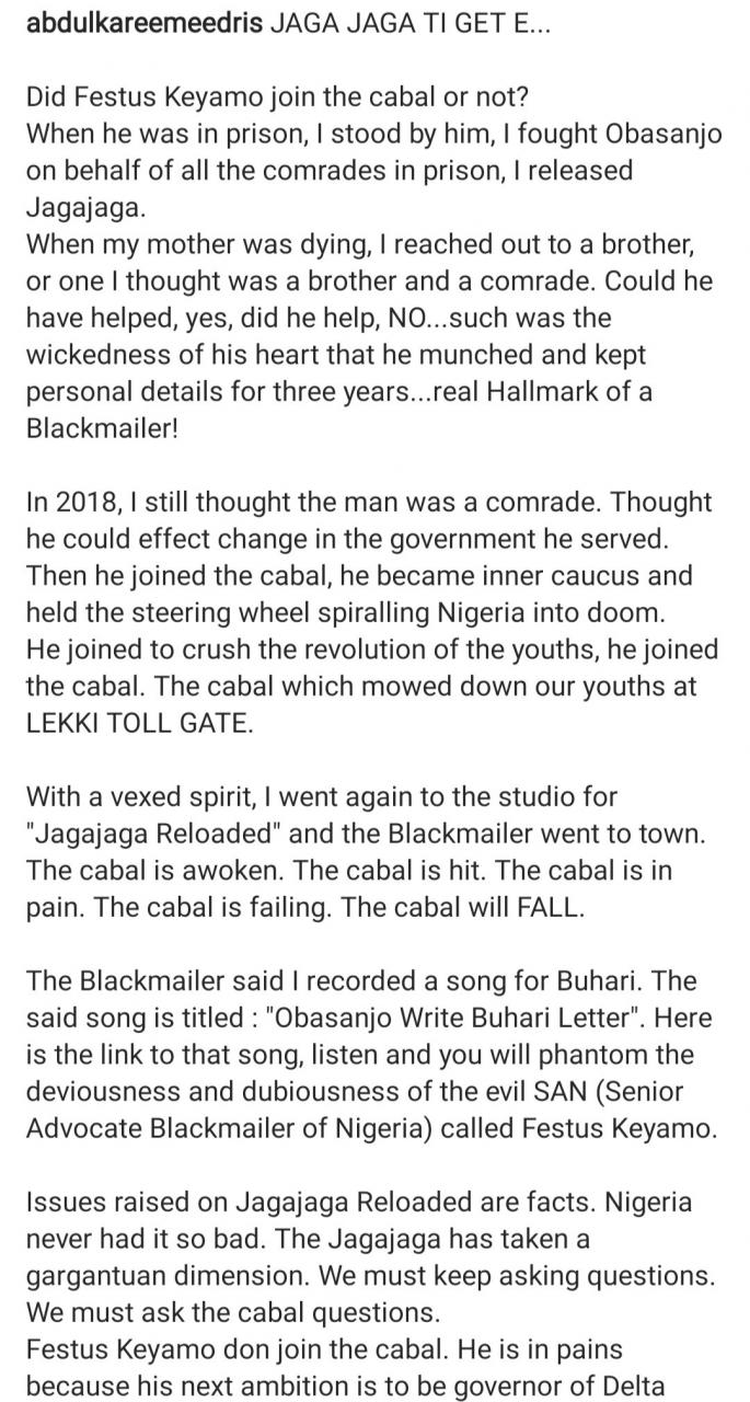 Eedris Abdulkareem hits back after Festus Keyamo accused him of singing about him following an alleged failed attempt at blackmail 