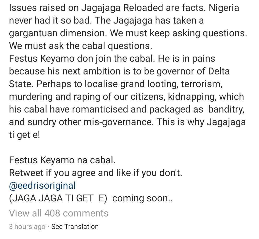Eedris Abdulkareem hits back after Festus Keyamo accused him of singing about him following an alleged failed attempt at blackmail 