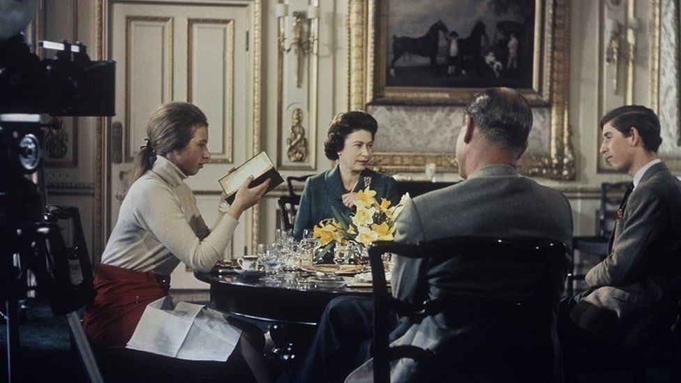 Princess Anne,,Queen Elizabeth II, , HRH the Duke of Edinburgh, and Prince Charles .Film looking at the royal family in private & public life.