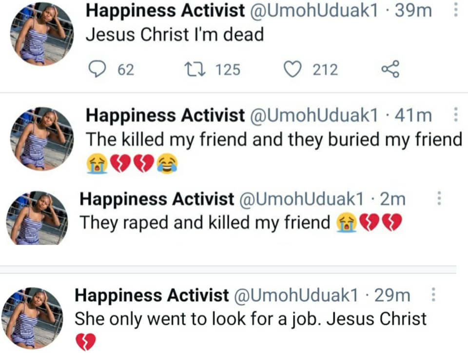 Update: Nigerian lady, Hindy Umoren, who went missing after going for a job interview found dead