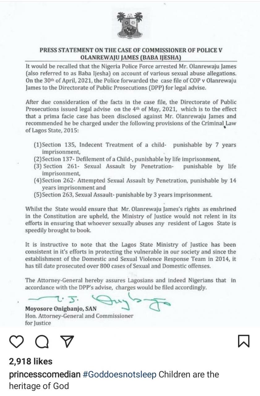 Directorate of Public Prosecutions recommends that Baba Ijesha be hit with 5 charges, including defilement of a child and attempted sexual assault by penetration 