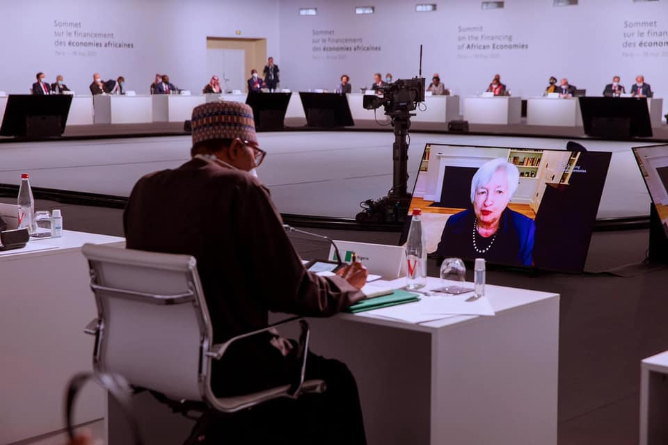 President Buhari speaks at African Financial Summit in Paris, calls for debt restructuring and release of COVID19 vaccines to African nations (photos)