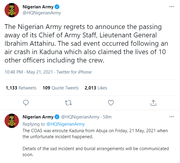 Nigerian Army confirms death of its Chief of Army Staff and 10 other officers in military plane crash