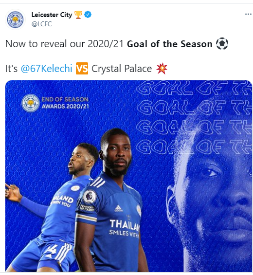 Super Eagles striker, Kelechi Iheanacho wins Leicester City?s goal of the season award