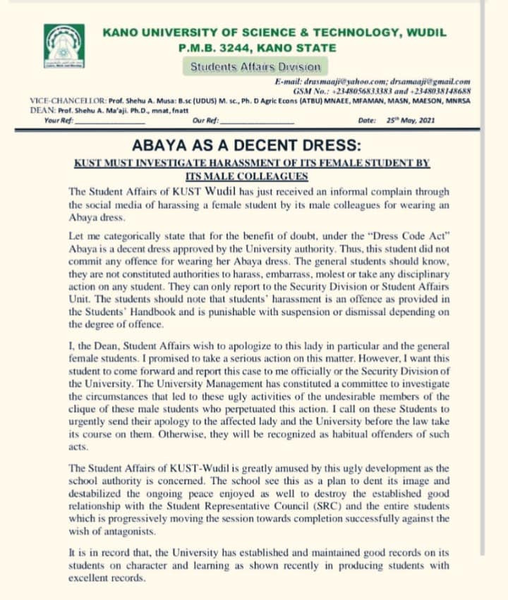 Kano varsity apprehends 17 male students over harassment of female colleague for wearing Abaya (videos)
