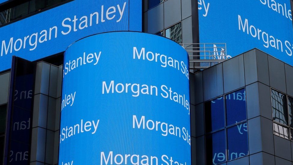 A sign is displayed on the Morgan Stanley building in New York.