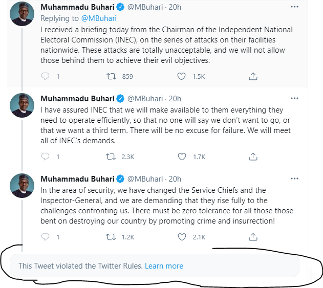 Twitter deletes President Buhari tweet about the civil war and treating people in the language they understand