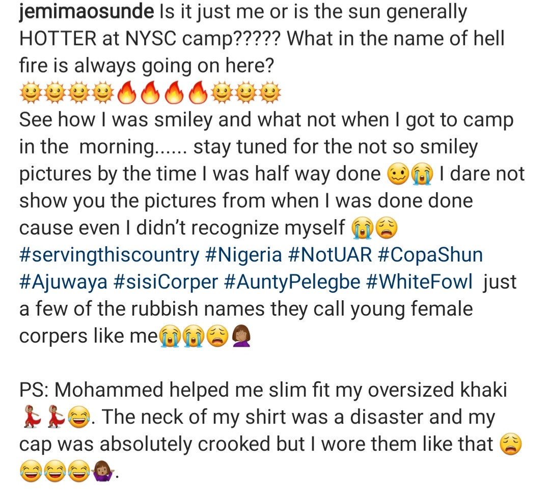 Jemima Osunde shares photos in NYSC uniform as she begins service