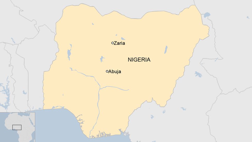 A map showing Zaria in Nigeria