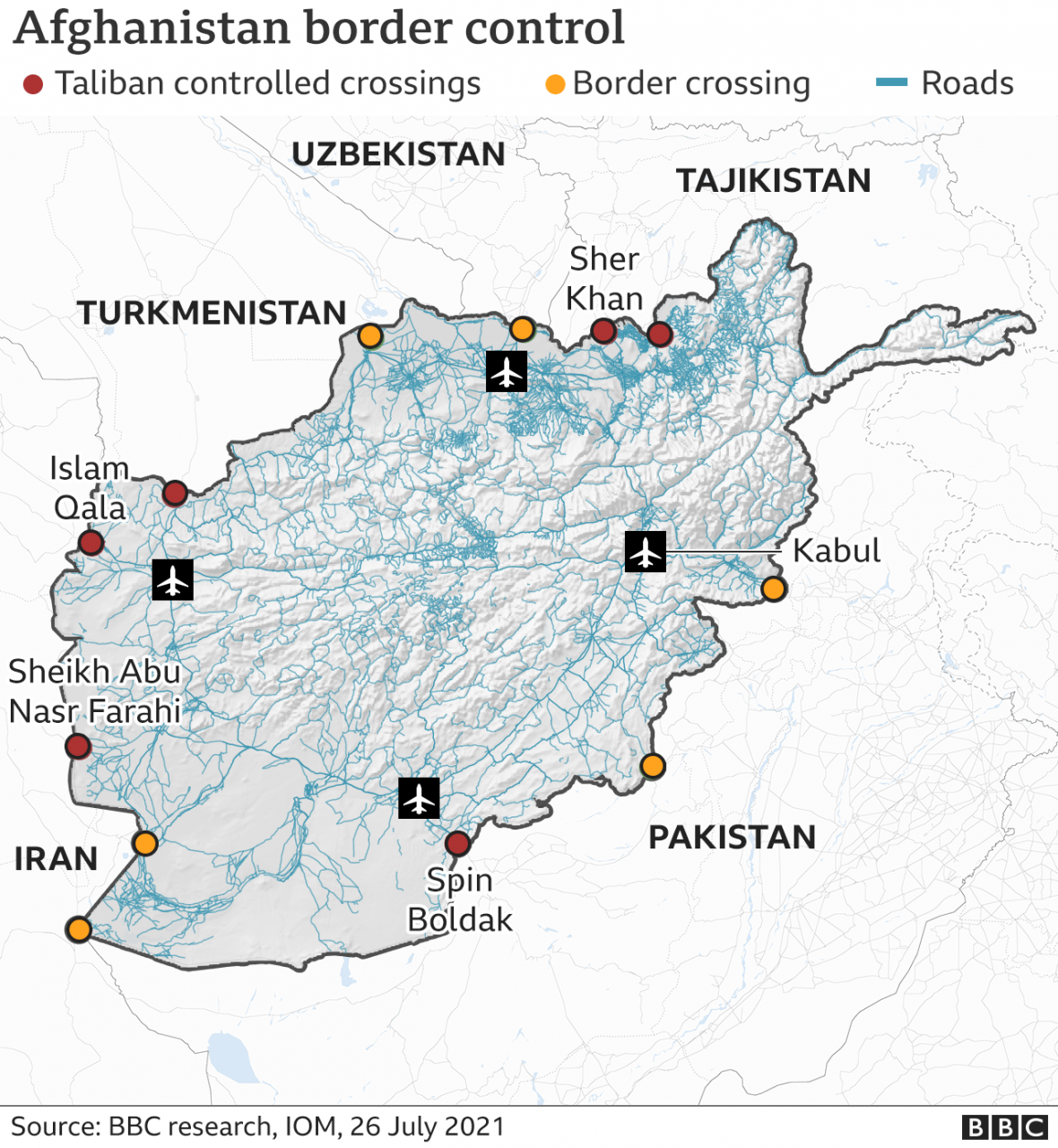 Map showing border crossings and checkpoints taken by Taliban