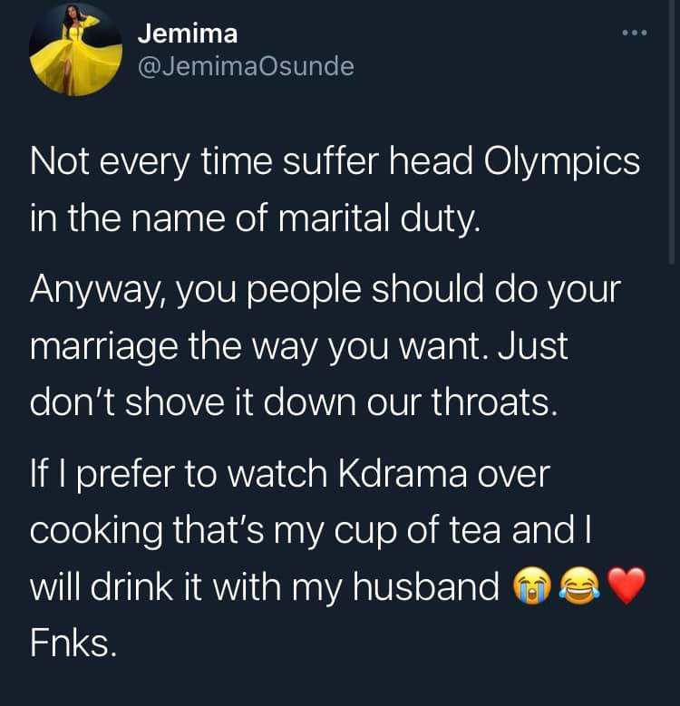 Actress Jemima Osunde tackled for saying she wouldn?t cook when she gets married