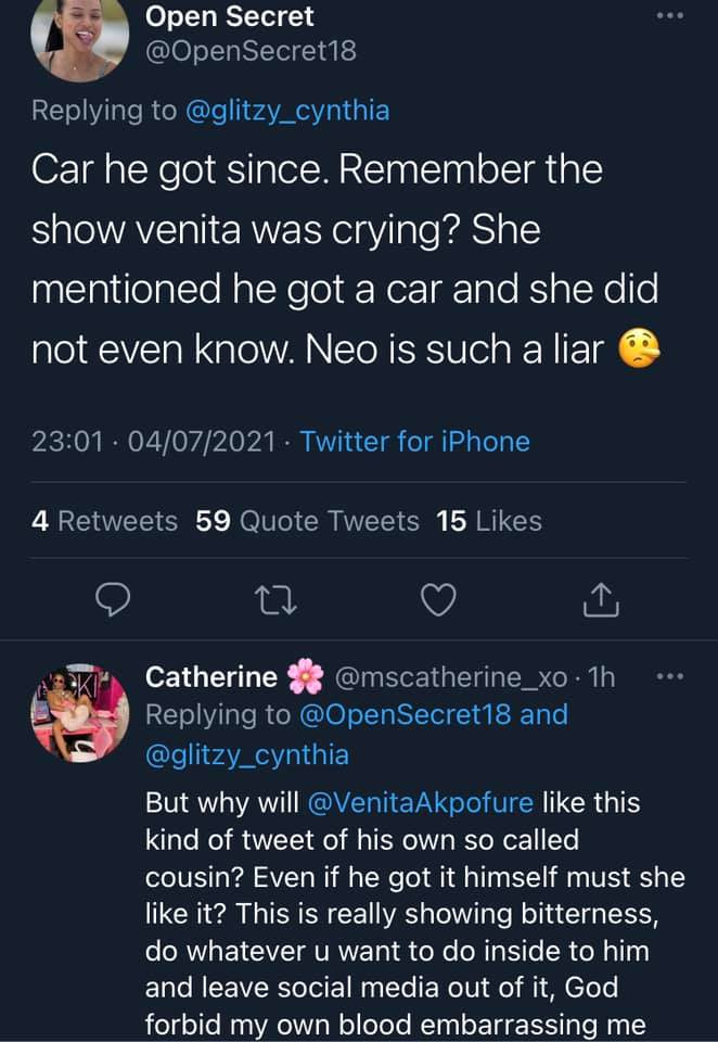 Venita Akpofure likes a tweet saying that her cousin and BBNaija star, Neo bought the car he claimed his fans gave him on his birthday 