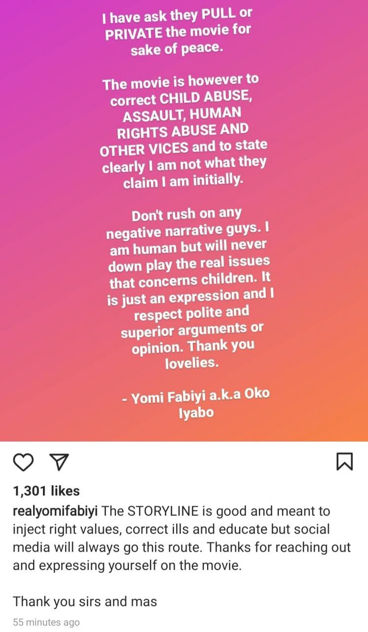 "I have asked they pull the movie for sake of peace" Yomi Fabiyi reacts as YouTube takes down his new movie, Oko Iyabo, after it was reported by outraged Nigerians