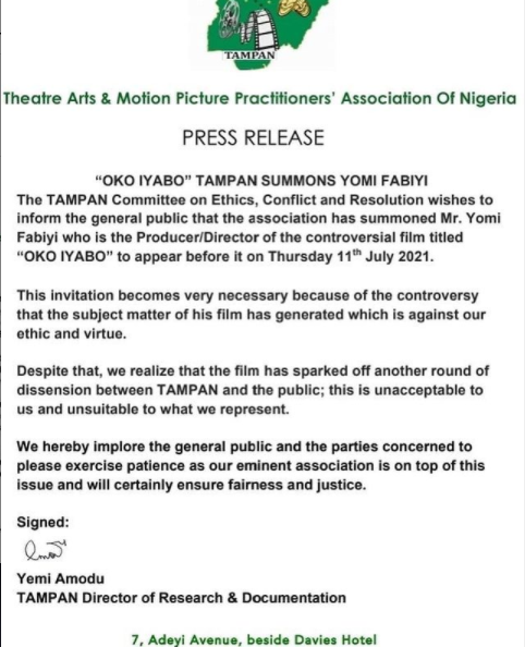 TAMPAN summons Yomi Fabiyi over controversial movie 