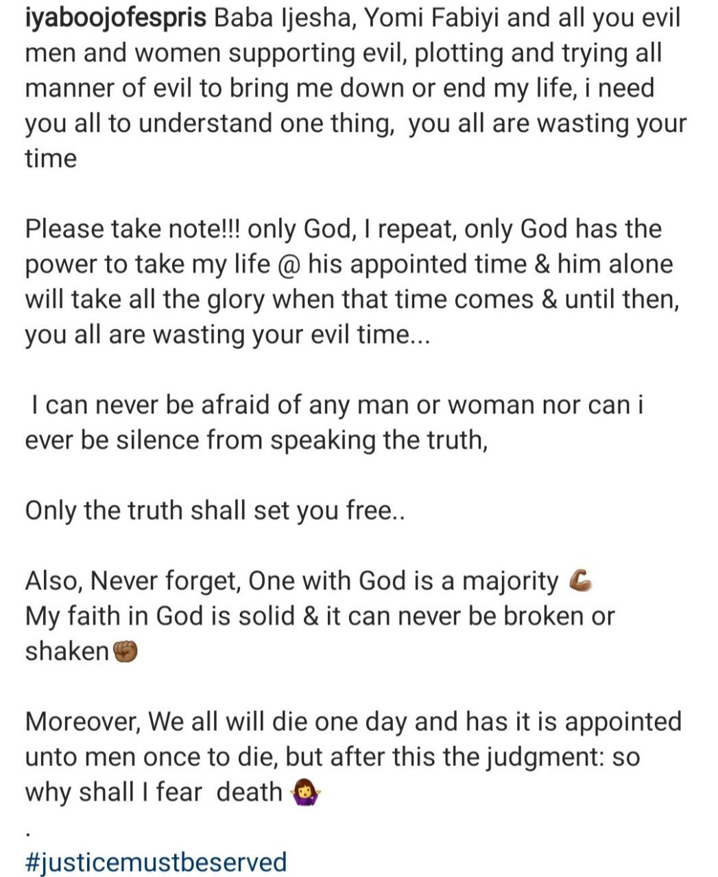 Iyabo Ojo speaks as elderly man grants interview calling her a prostitute and saying she will "suffer and die" for "tarnishing" Baba Ijesha