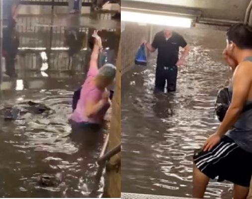 Commuters wade through dirty water as subway stations in New York flood following heavy rain (video)