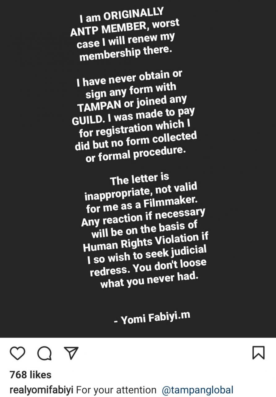 TAMPAN suspends Yomi Fabiyi indefinitely; He reacts 