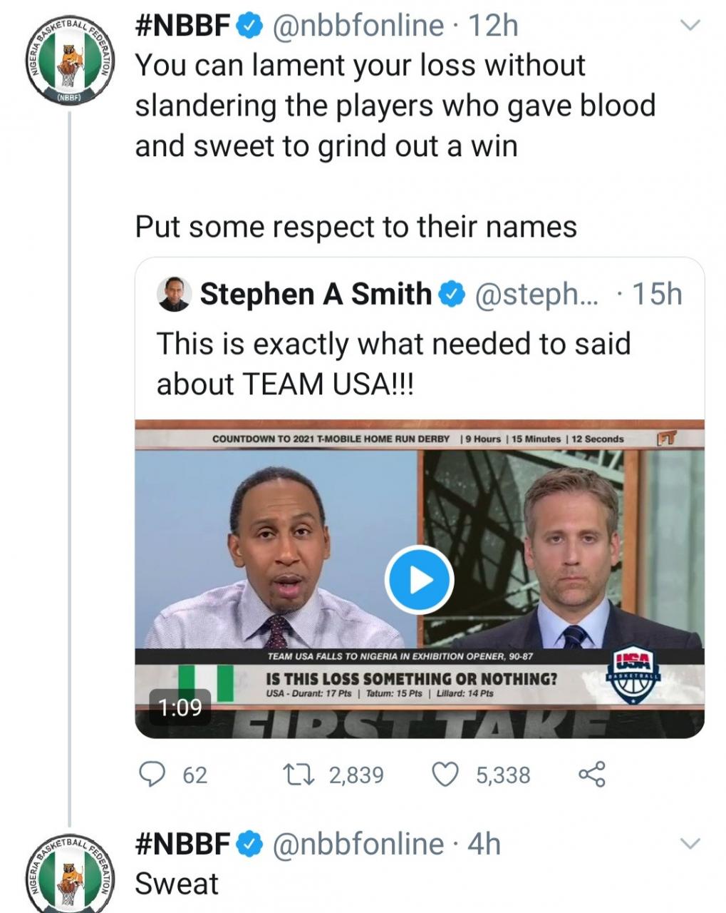 Nigerian Basketball Federation slams American TV personality over his comment about the Nigerian players who beat the U.S team