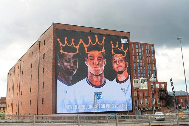 Giant mural displayed in support of Marcus Rashford, Jadon Sancho and Bukayo Saka after the England stars were racially abused following final loss to Italy