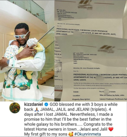 Kizz Daniel reveals he welcomed triplets but lost one as he gifts his newborn sons luxury apartments each (photos)