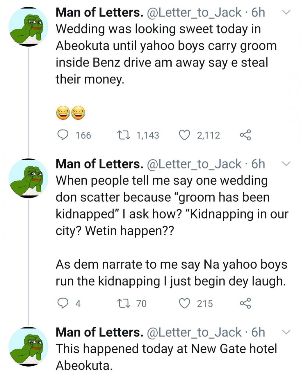 Yahoo boys allegedly kidnap groom from his wedding venue for stealing from them