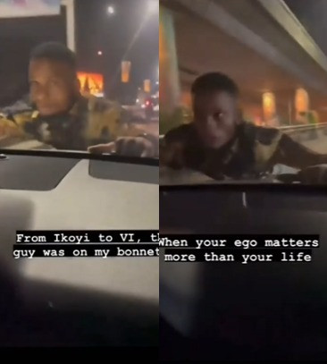 Suspected tout hangs on the bonnet of a lady from Ikoyi to VI for parking on