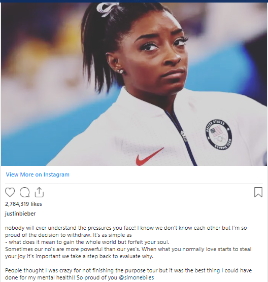 Justin Bieber reaches out to Simone Biles after she pulled out from the gymnastics finals at the Tokyo 2020 Olympic