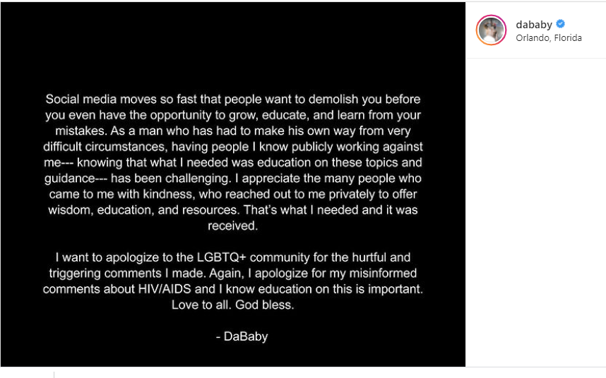 DaBaby issues second apology after being dropped from Governors Ball Lineup over Homophobic rant