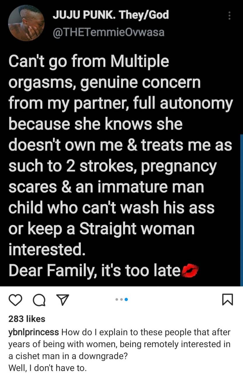 Singer Temmie Ovwasa reveals why she cannot stop engaging in homosexuality